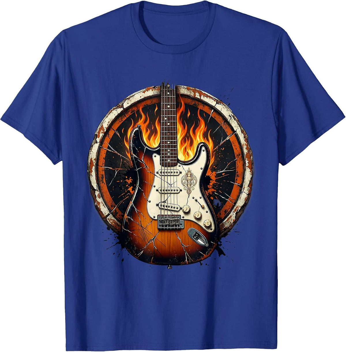 Cracked Electric Guitar Flames Rock and Roll Design T-Shirt - Royal Blue