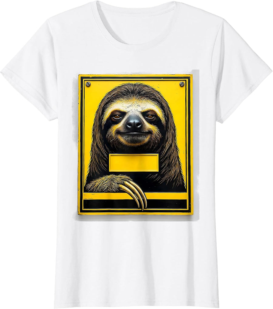 Women's Sloth Stencil Graphic Funny Animal Lover Humor T-Shirt - White