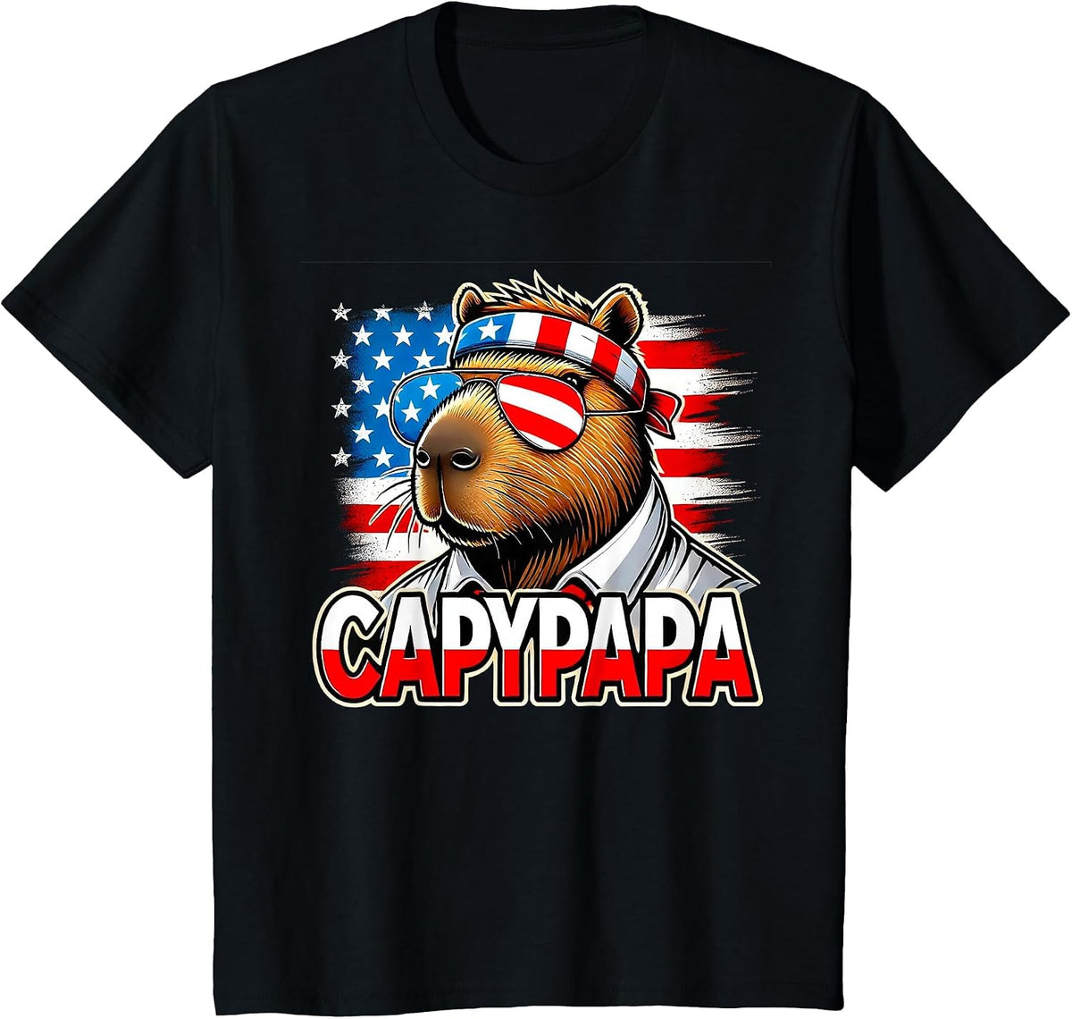 Capybara Papa - CapyPapa - 4th of July American Flag Rodent T-Shirt - Black
