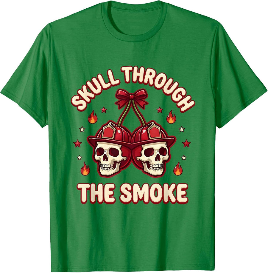 Men's Halloween Firefighter Skull Through the Smoke Design T-Shirt - Kelly Green