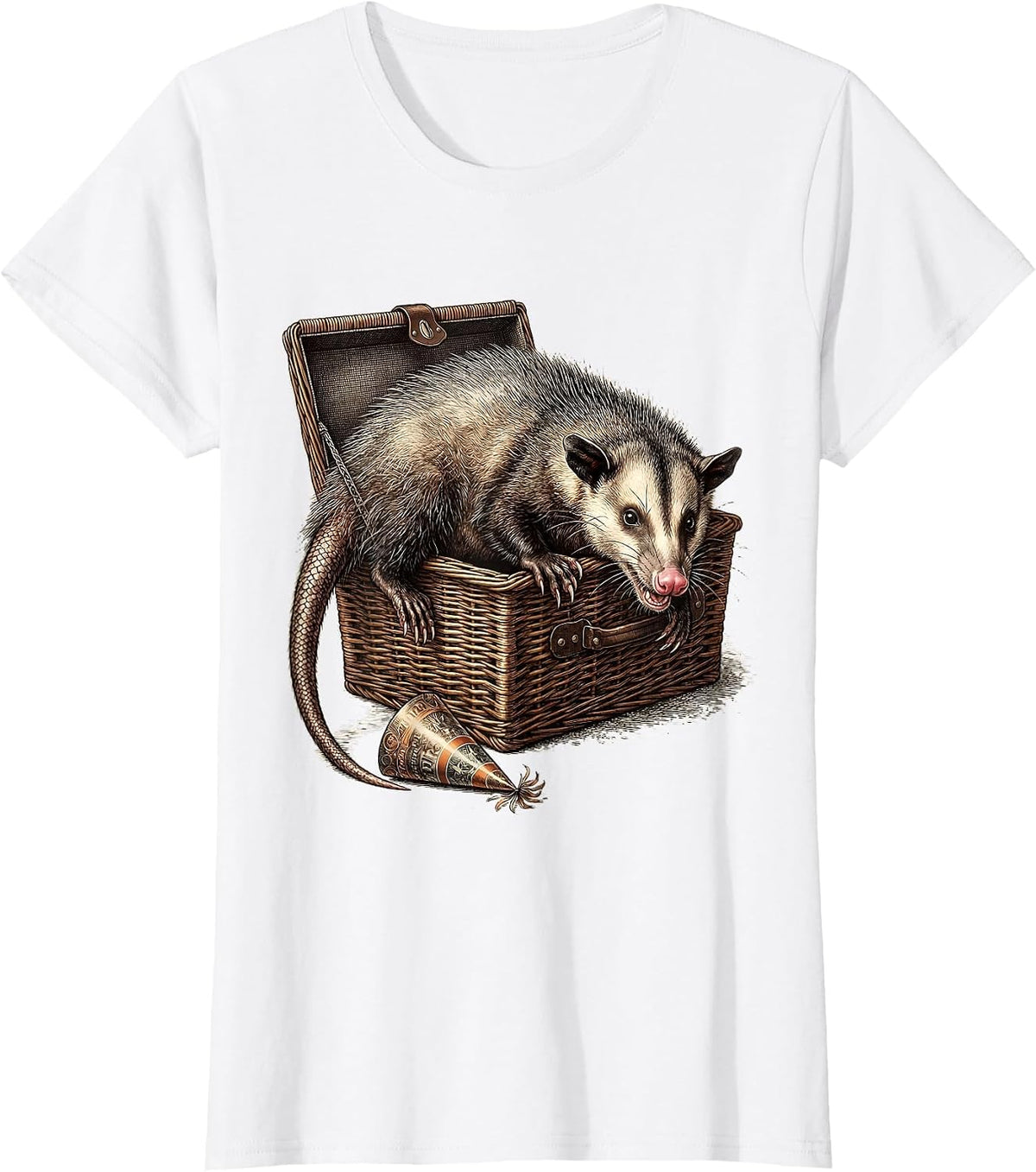 Opossum Picnic Basket Deadpan Animal Meme Humor T-Shirt - White