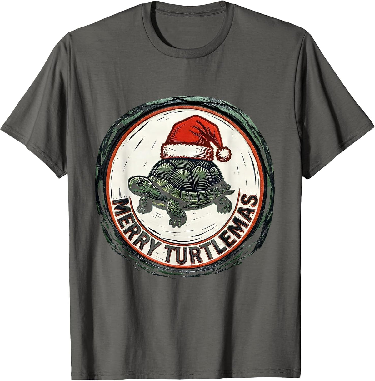Men's Merry Turtlemas Linocut Funny Turtle Lover Christmas T-Shirt - Asphalt Grey
