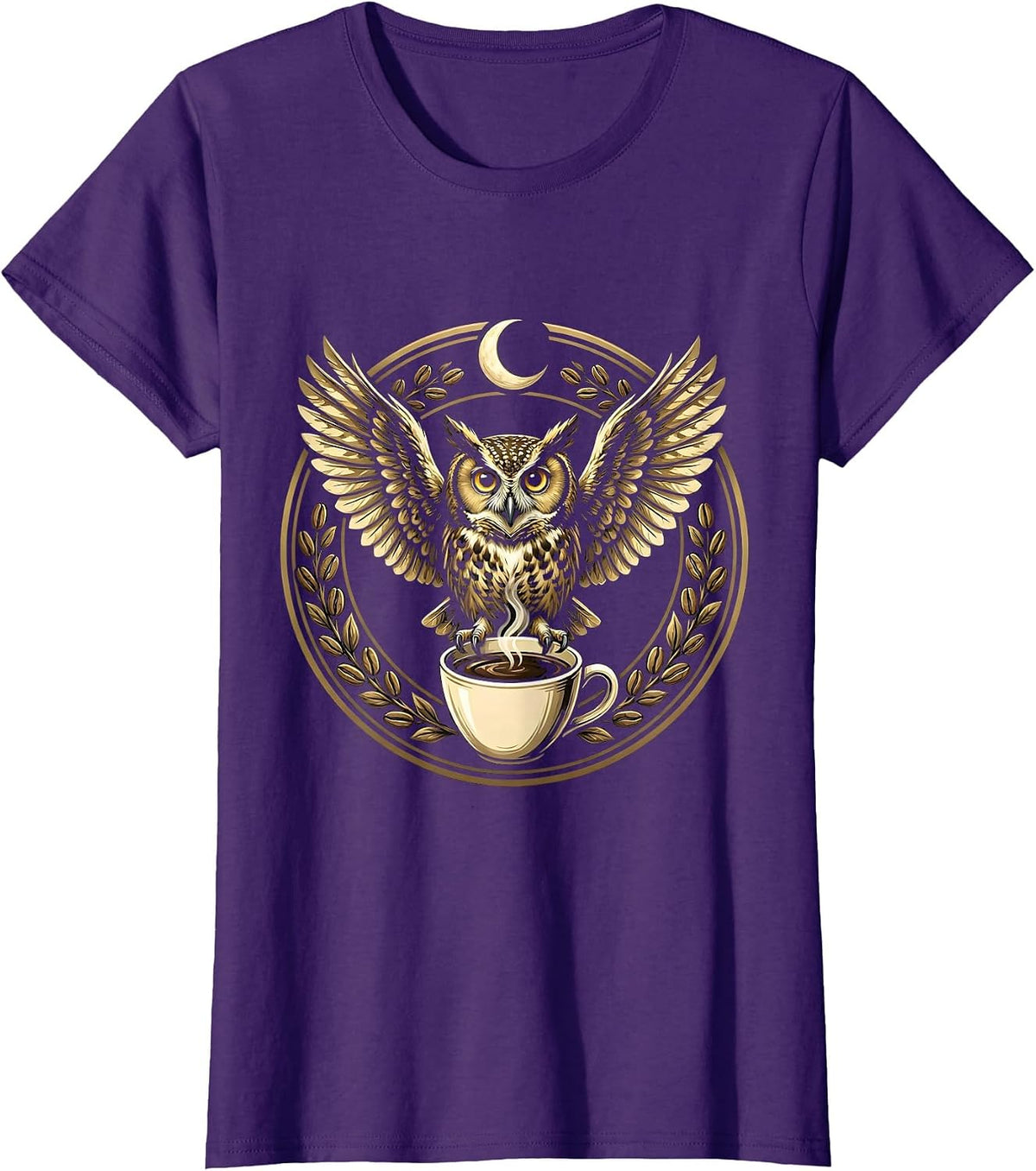 Women's Midnight Owl Perched on Coffee Cup Illustration T-Shirt - Purple
