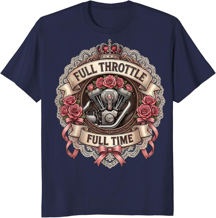 Full Throttle Full Time Motorcycle Rider Design T-Shirt - Navy Blue