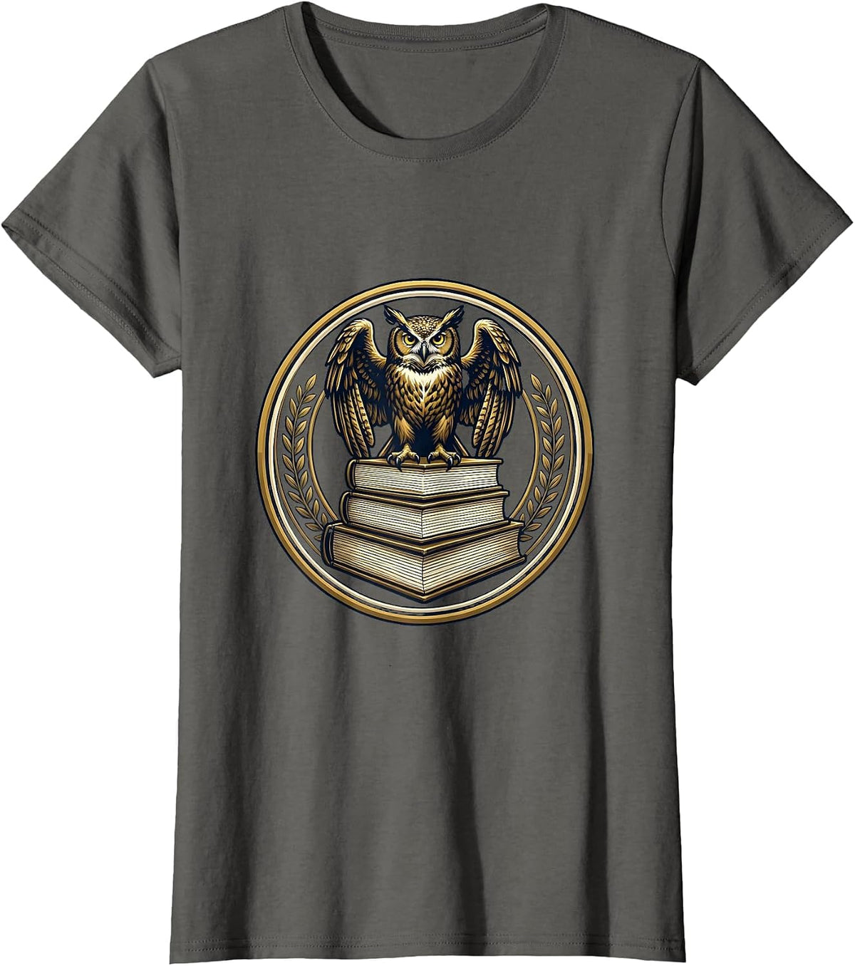 Women's Wise Owl on Stacked Books Illustration T-Shirt - Asphalt Grey