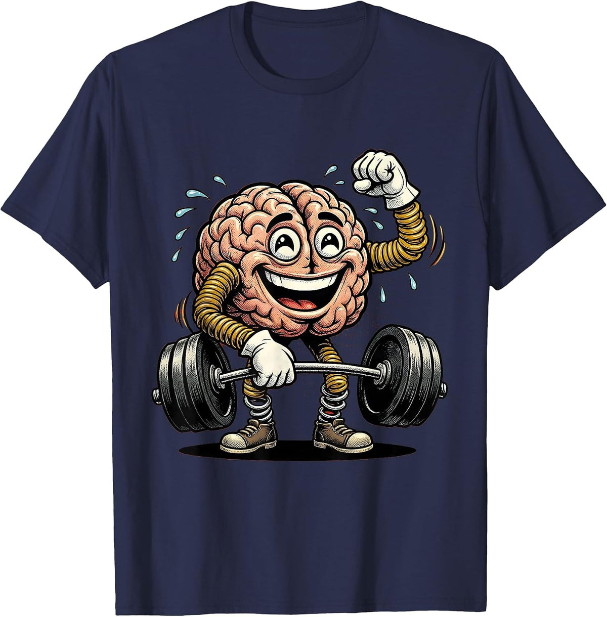 Brain Bicep Curl Funny Weightlifting Graphic T-Shirt - Navy Blue