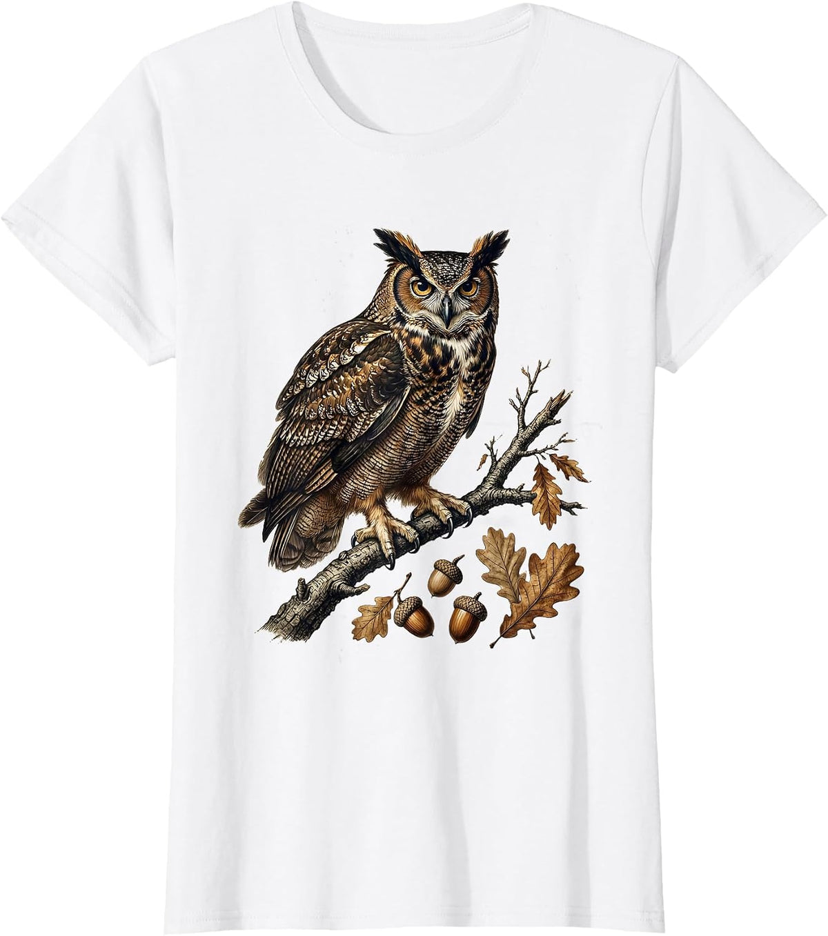 Owl on Moonlit Branch Fall Night Illustration T-Shirt - White