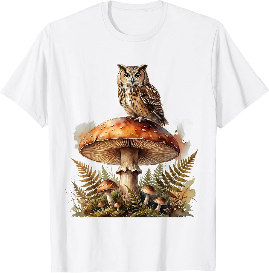 Owl on Mushroom Enchanted Forest Graphic T-Shirt - White