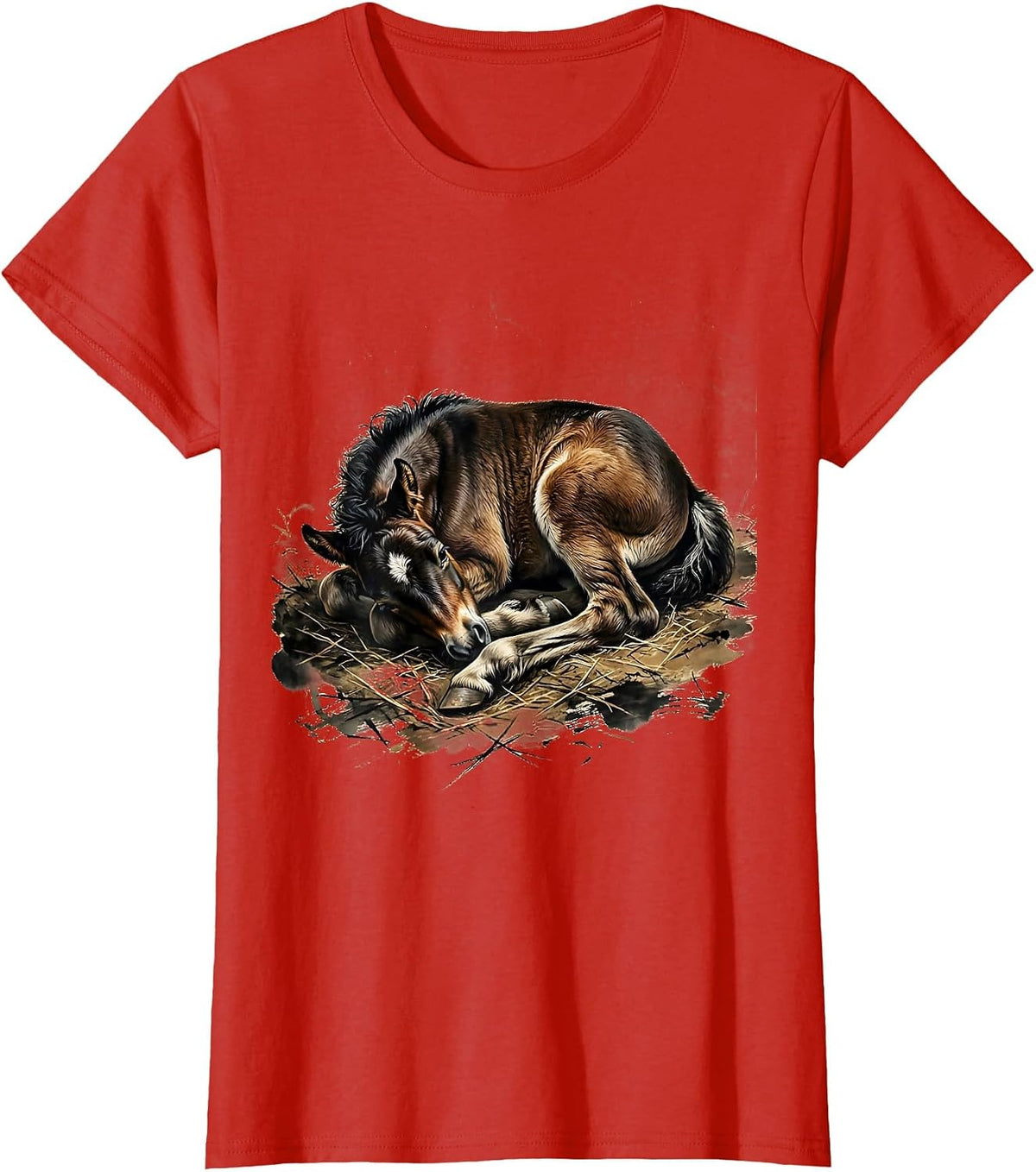 Sleeping Foal Curled Up in Hay Illustration T-Shirt - Red