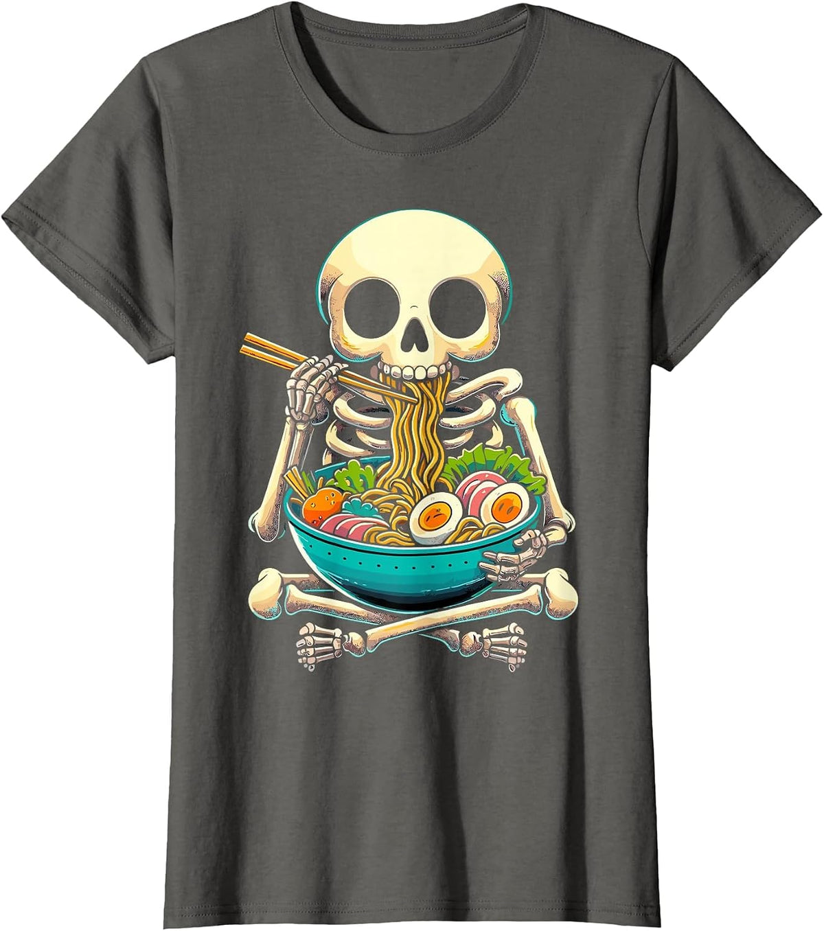 Halloween Skeleton Eating Ramen Noodles T-Shirt - Asphalt Grey