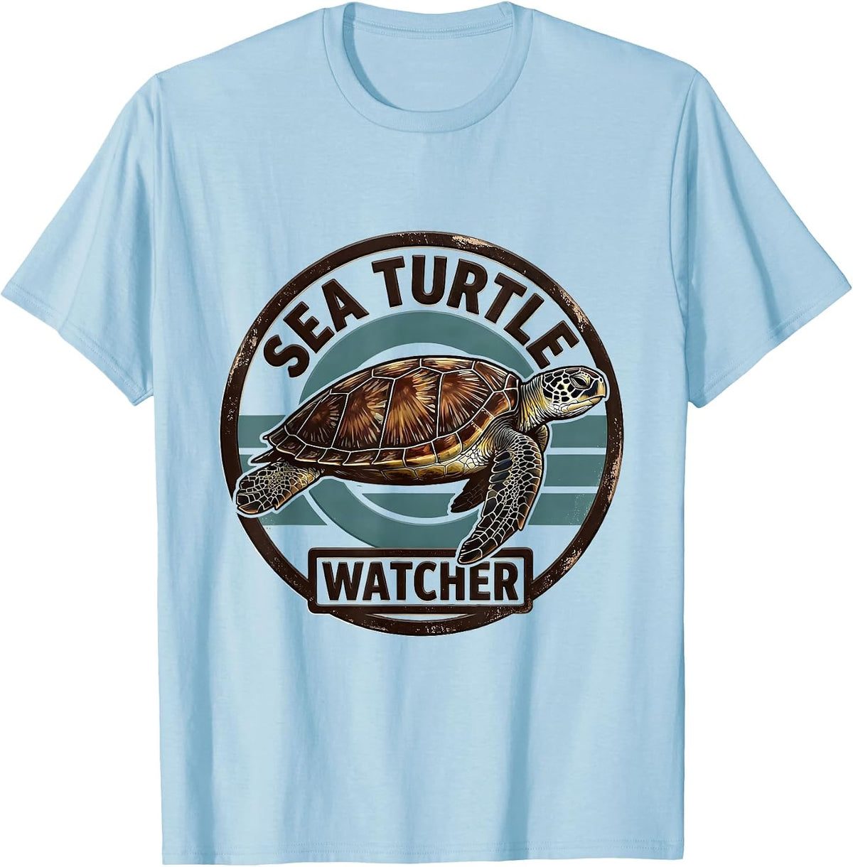 Men's Sea Turtle Watcher Wood Type Letterpress Animal Badge Patch T-Shirt - Baby Blue