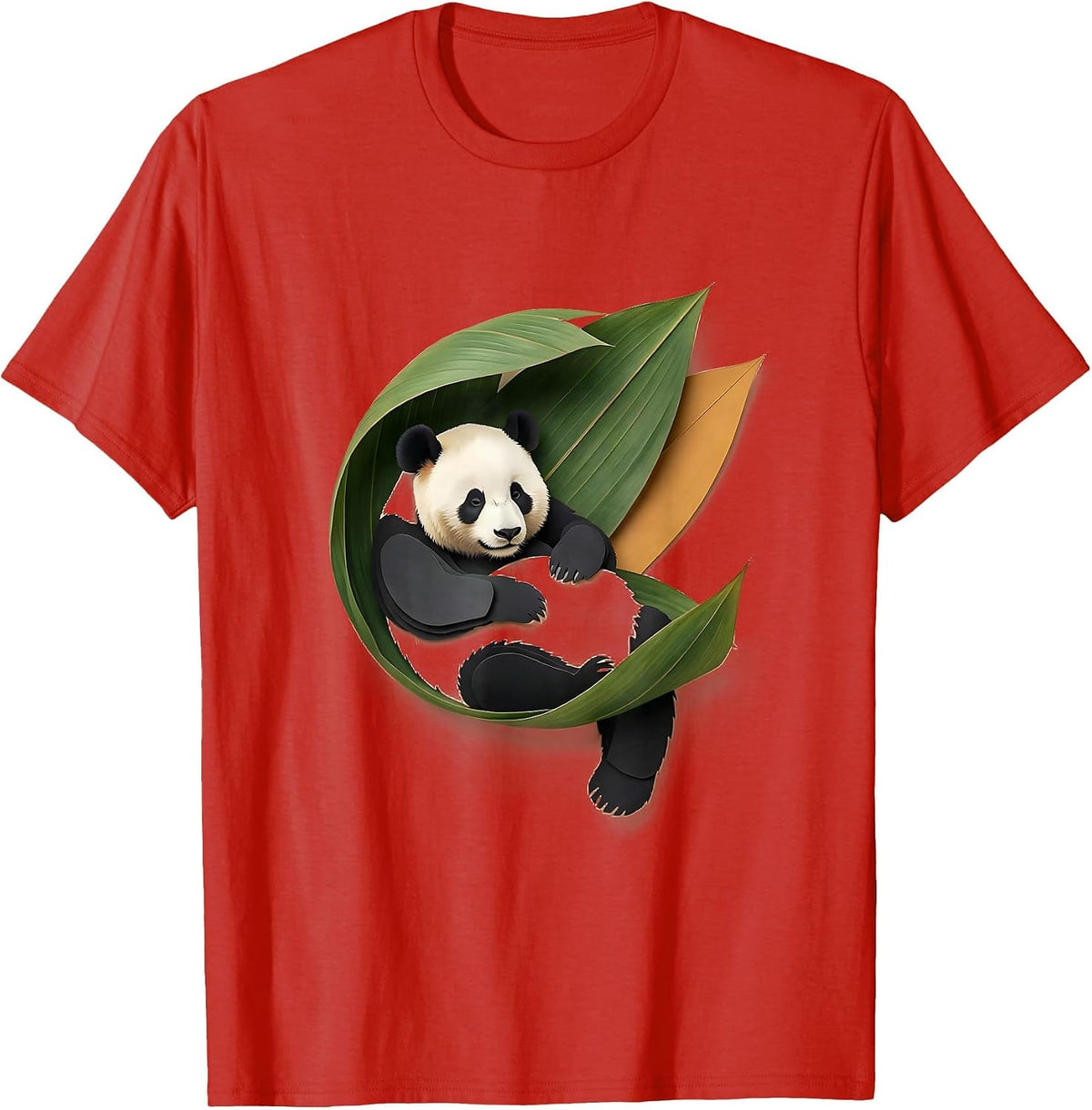 Men's Panda In Bamboo Leaf Paper Cutout Funny Animal Lover T-Shirt - Red