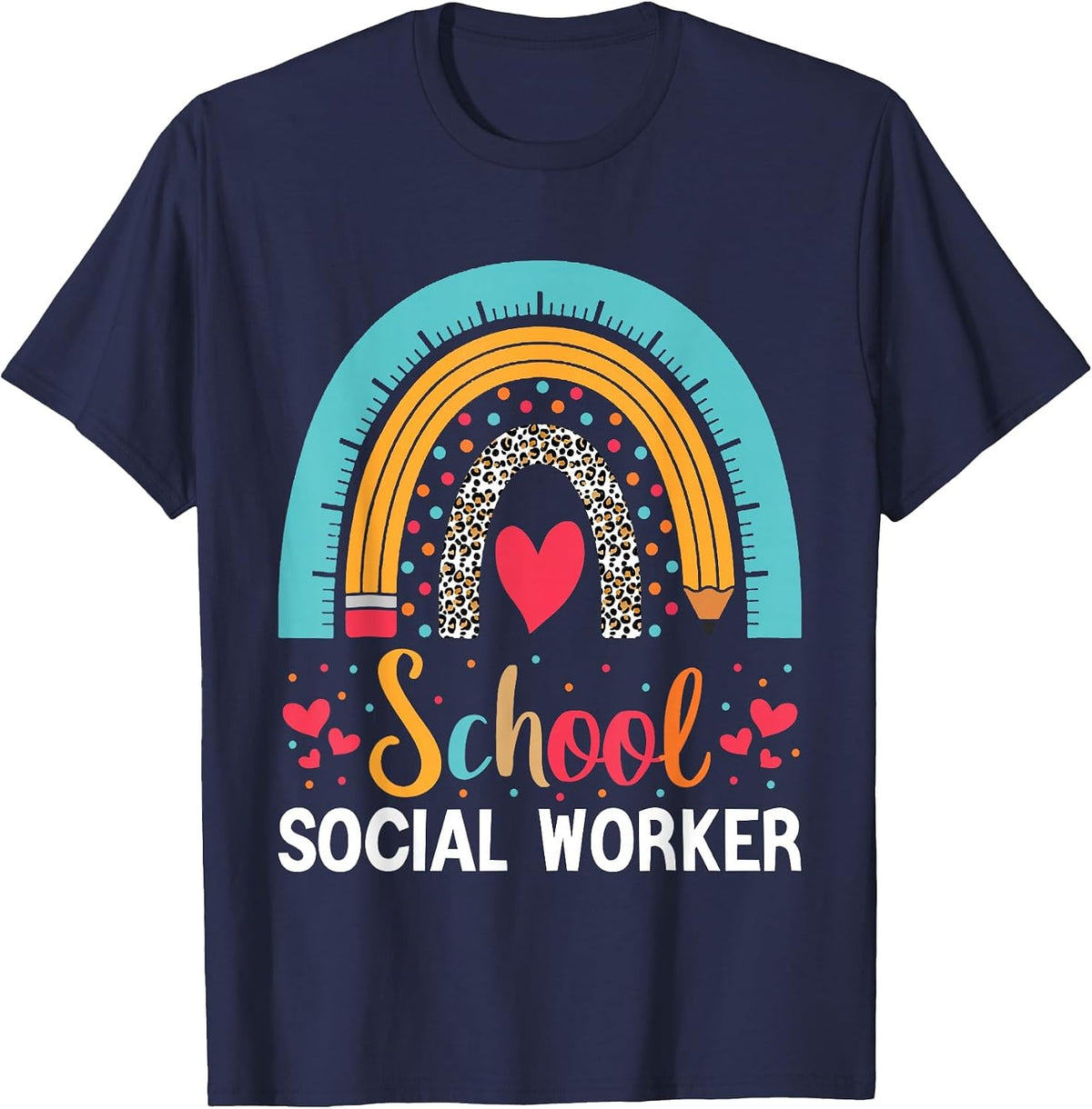 School Social Worker Boho Rainbow Leopard School Worker T-Shirt - Navy Blue