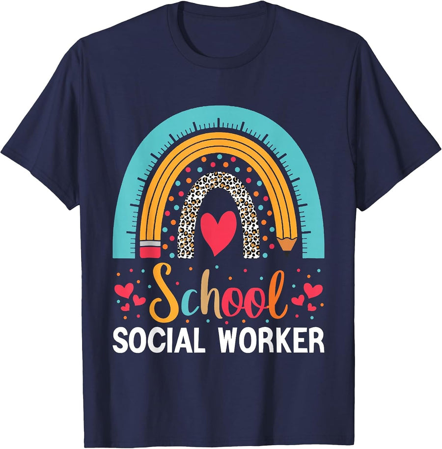 School Social Worker Boho Rainbow Leopard School Worker T-Shirt - Navy Blue