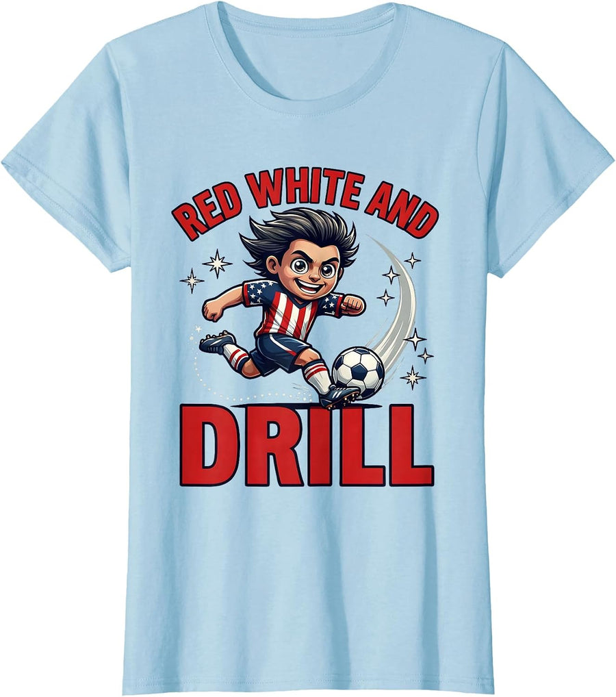 Women's Red White and Drill Funny Soccer Player Fourth of July T-Shirt - Baby Blue