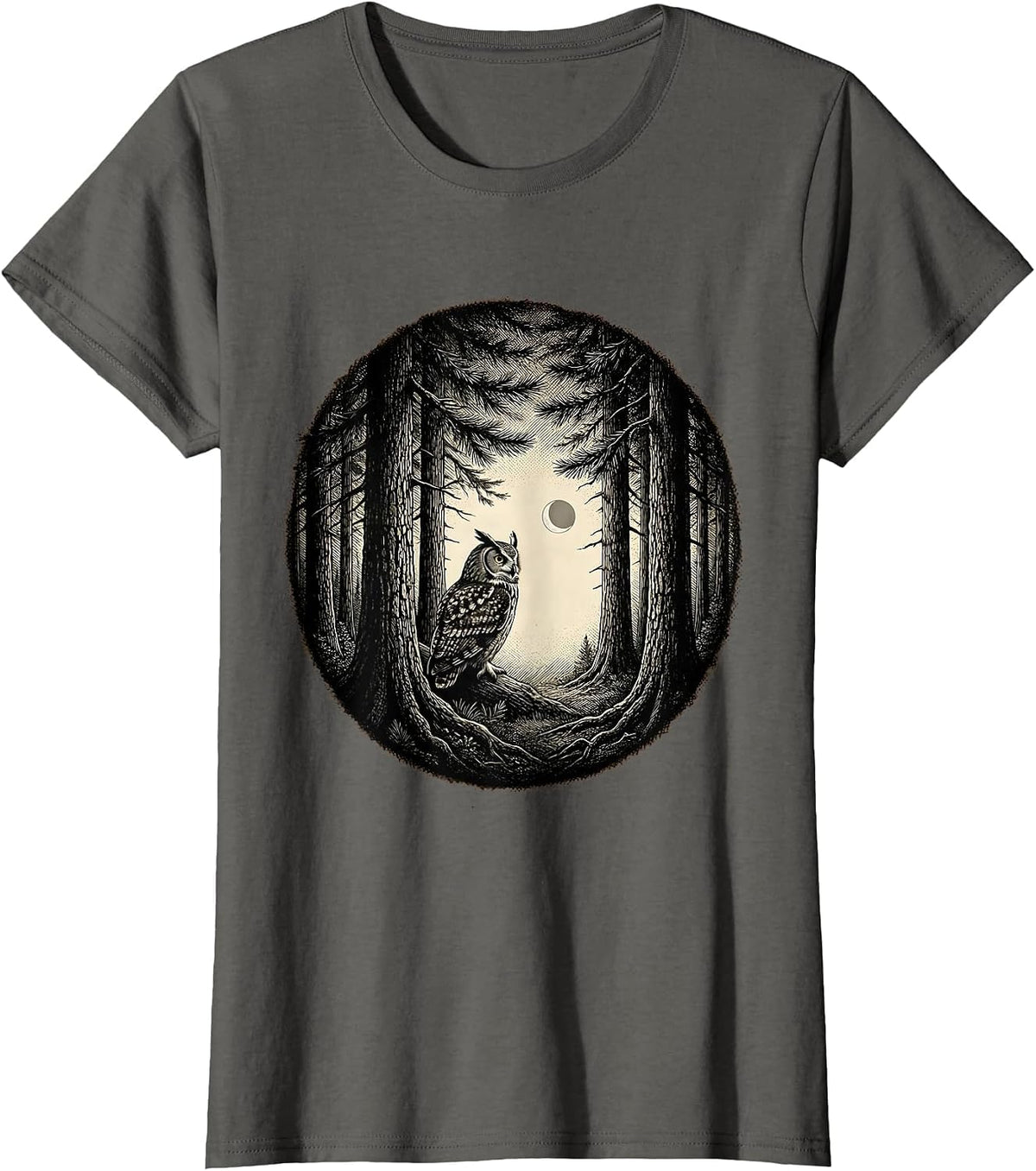 Women's Owl Woodland Silhouette Nature Reflection Forest T-Shirt - Asphalt Grey