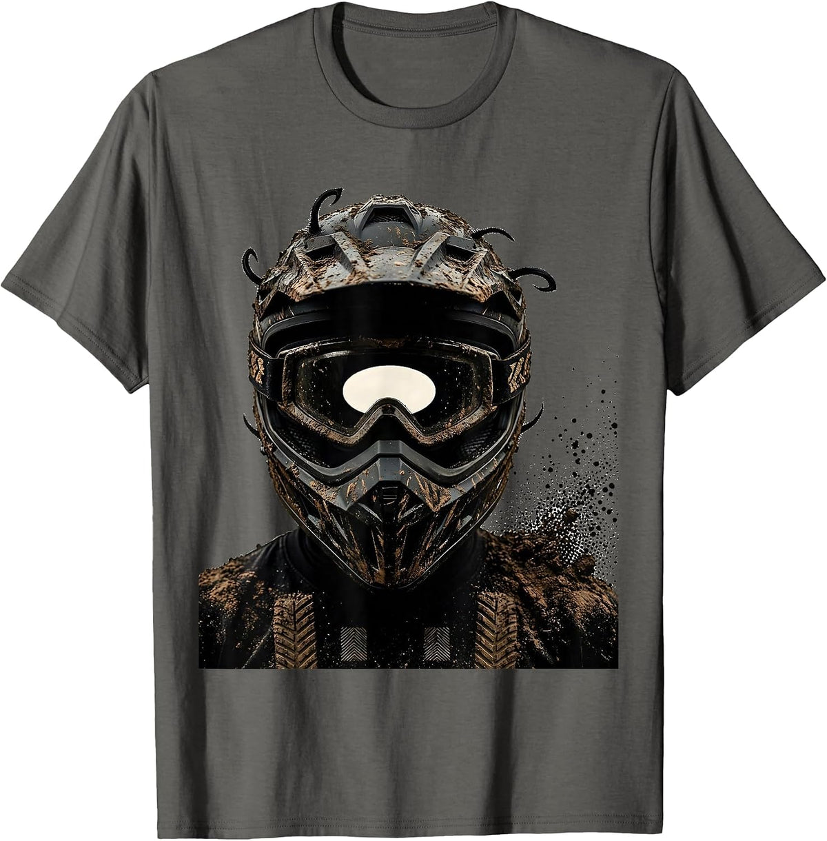 Men's Mud Caked Motocross Helmet Dirt Bike Rider Biker T-Shirt - Asphalt Grey