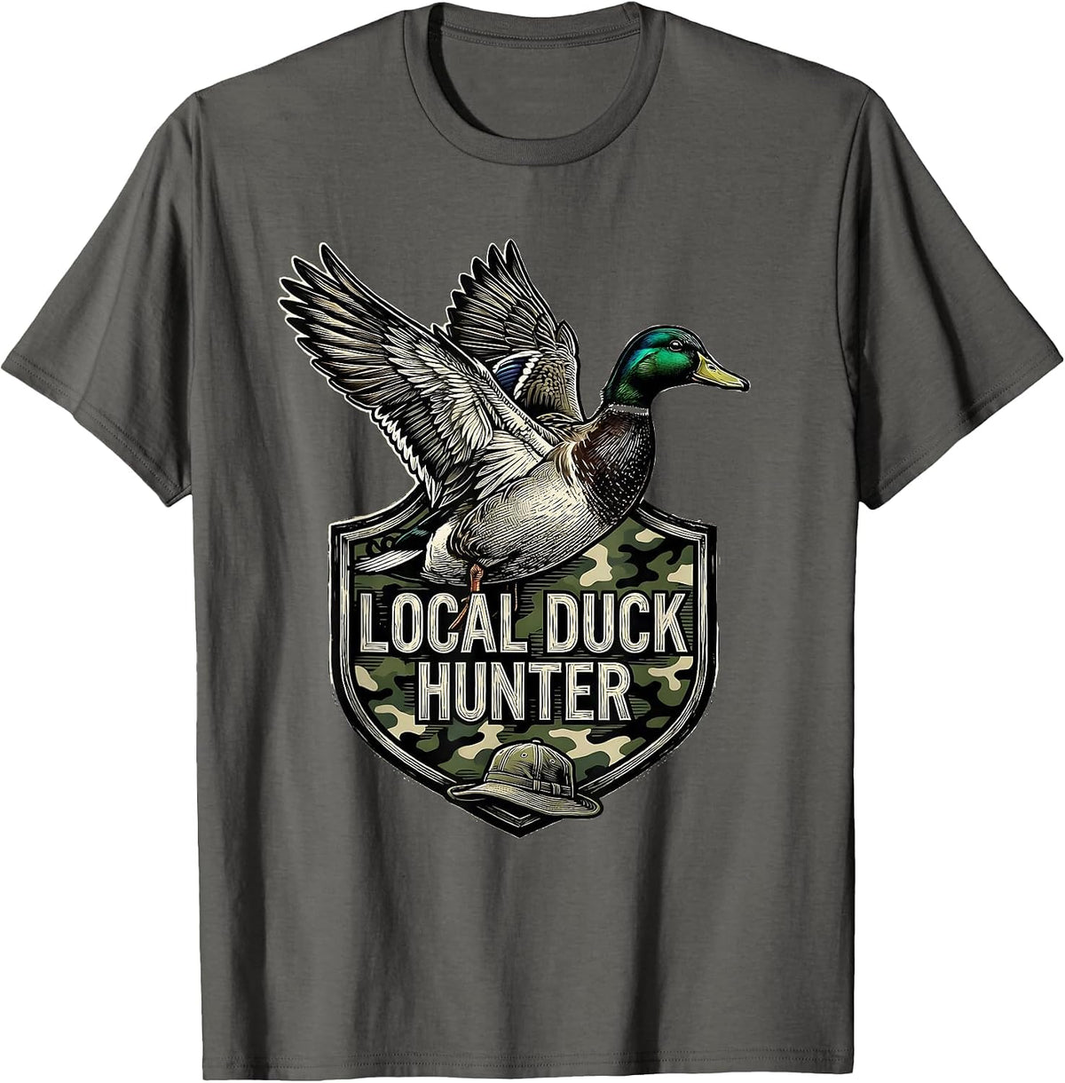 Local Duck Hunter Woodcut Engraving Youth Camo Hunting Boy T-Shirt - Asphalt Grey