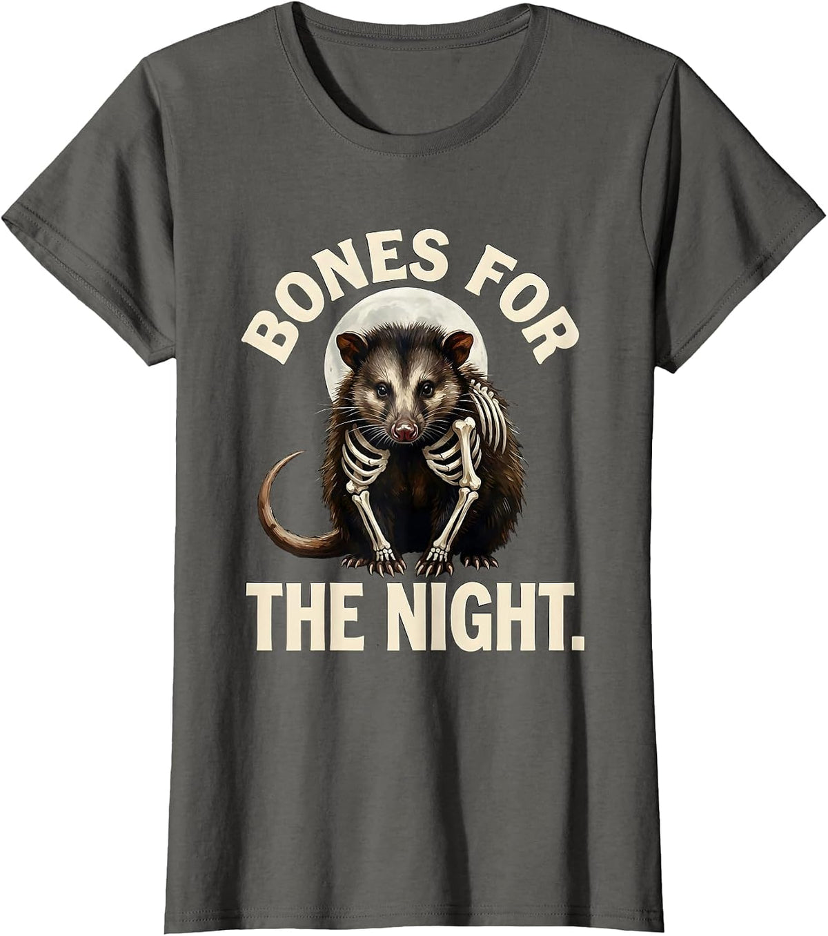 Women's Bones For The Night Vintage Opossum Halloween Spooky Moon T-Shirt - Asphalt Grey