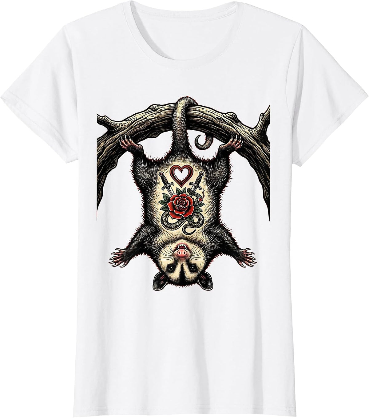 Tattooed Opossum Hanging Upside Down Graphic T-Shirt - White