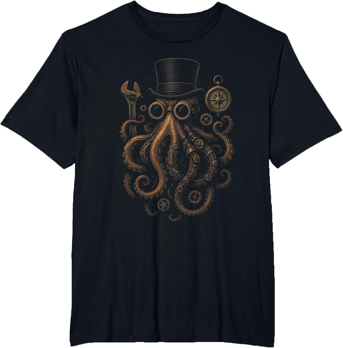 Steampunk Octopus - Clockwork Kraken Art T-Shirt - Black