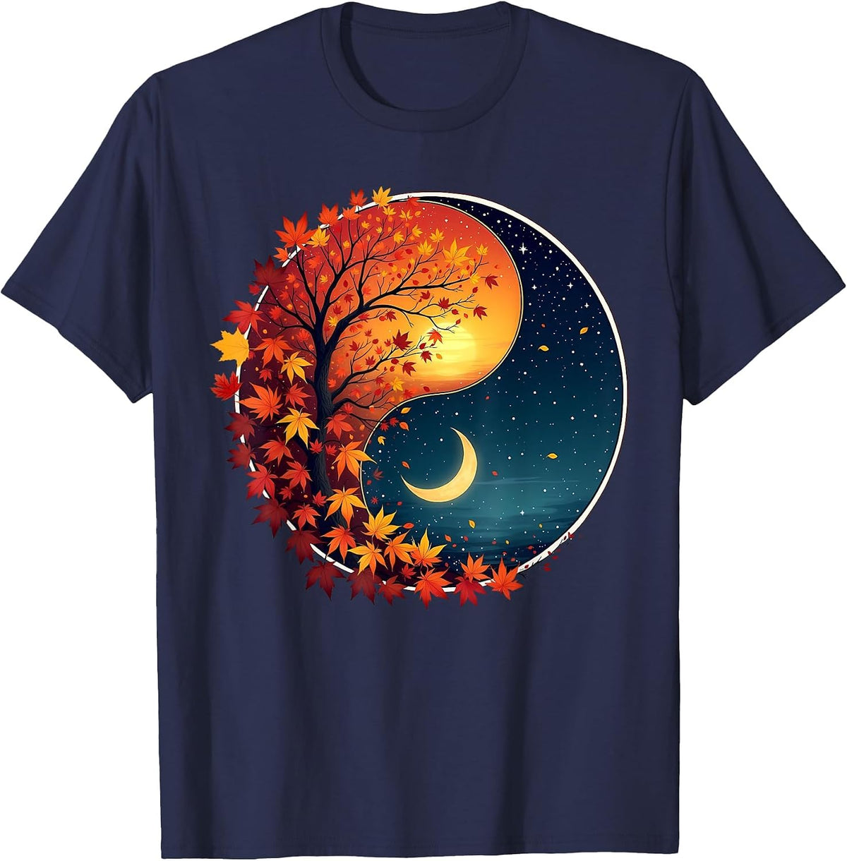 Vintage Celestial Sun Moon Fall Leaf Autumn Equinox Witch T-Shirt - Navy Blue