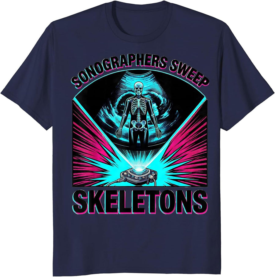 Sonographers Sweep Skeletons Pop Art Radiology Tech T-Shirt - Navy Blue