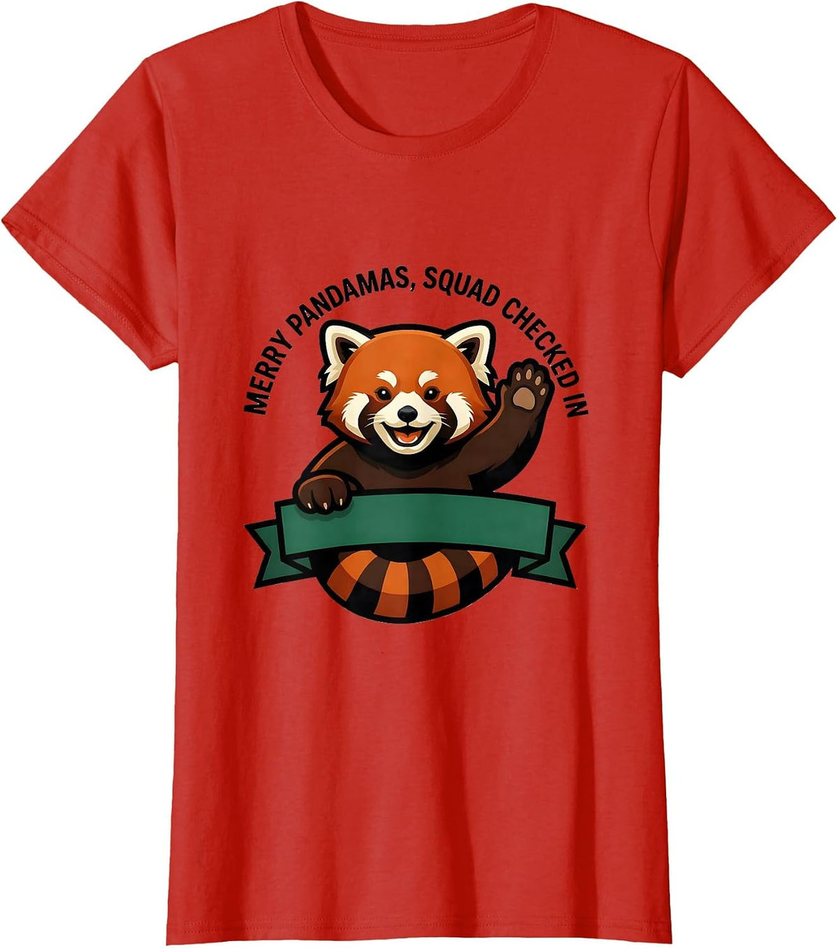 Merry Pandamas Squad Checked In Cute Red Panda Mascot Logo T-Shirt - Red