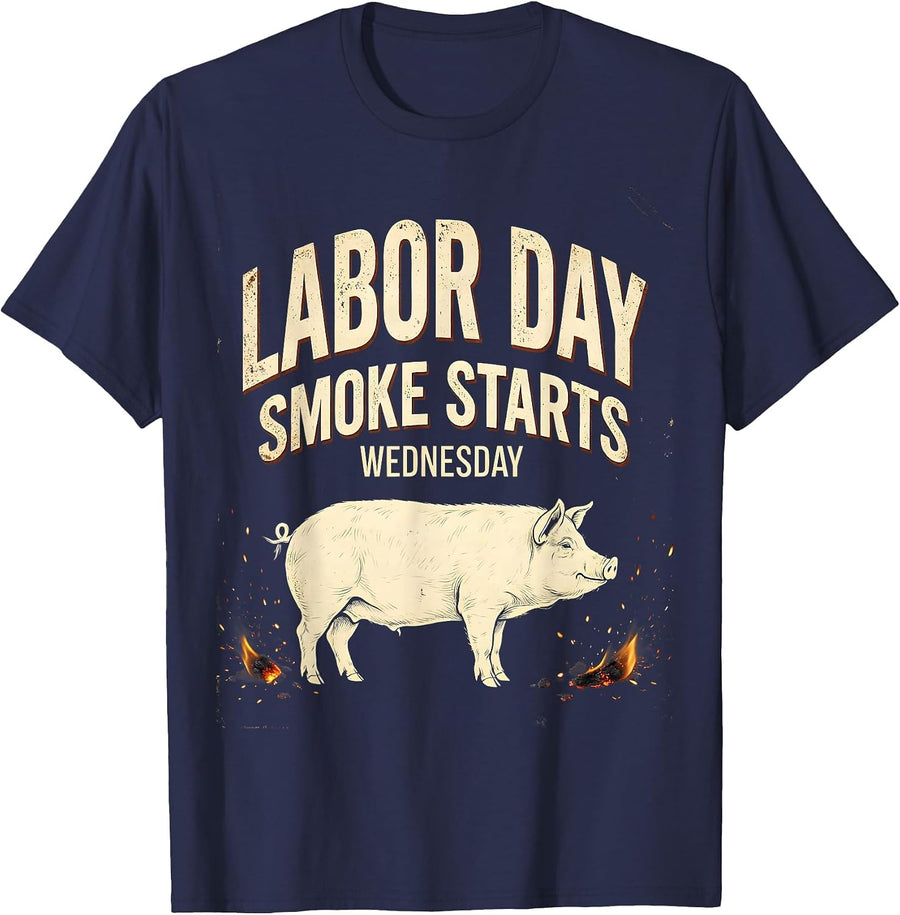 Labor Day Smoke Starts Wednesday Vintage BBQ Dad T-Shirt - Navy Blue