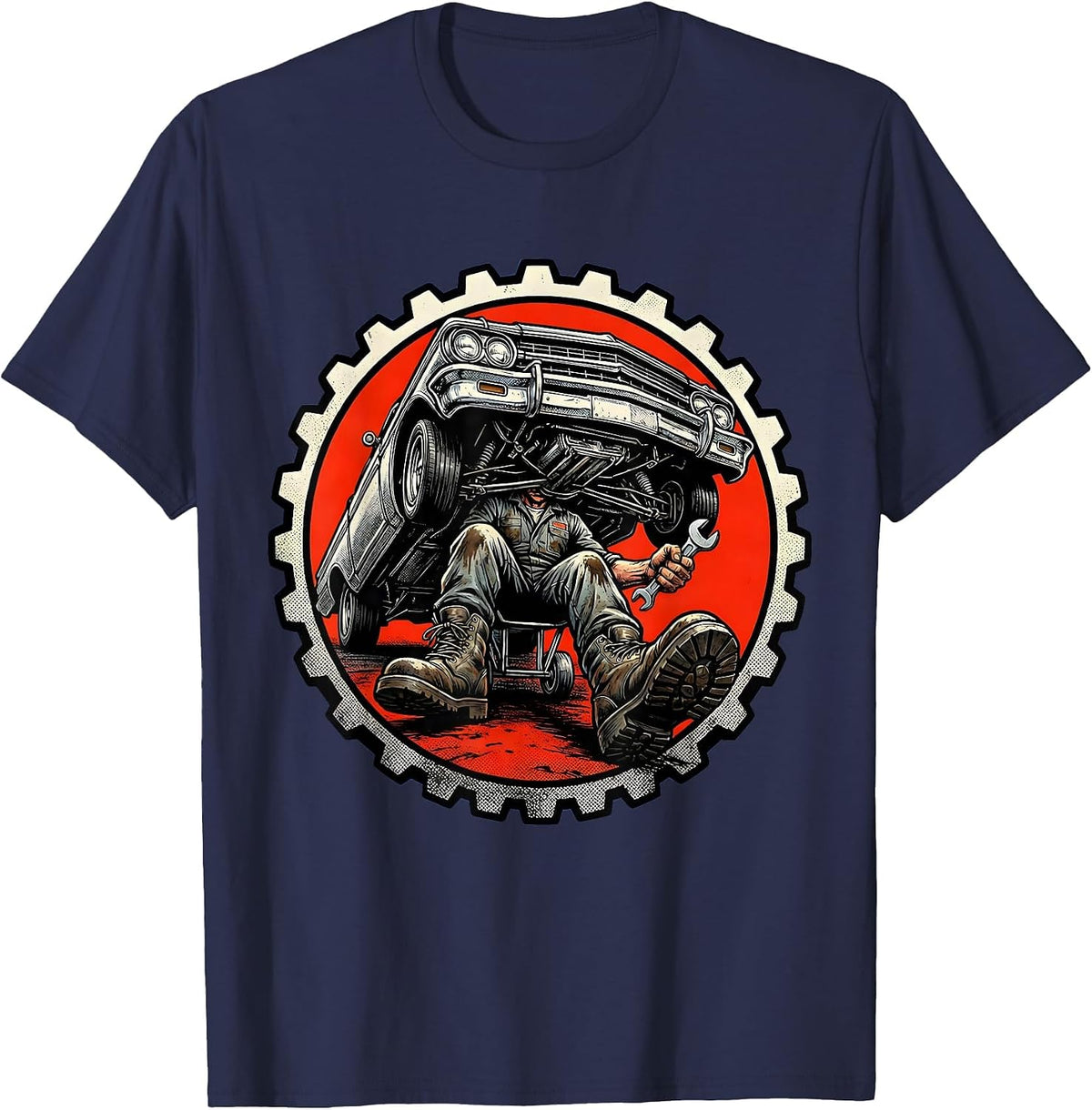 Mechanic Rolling Under Lowrider Graphic T-Shirt - Navy Blue
