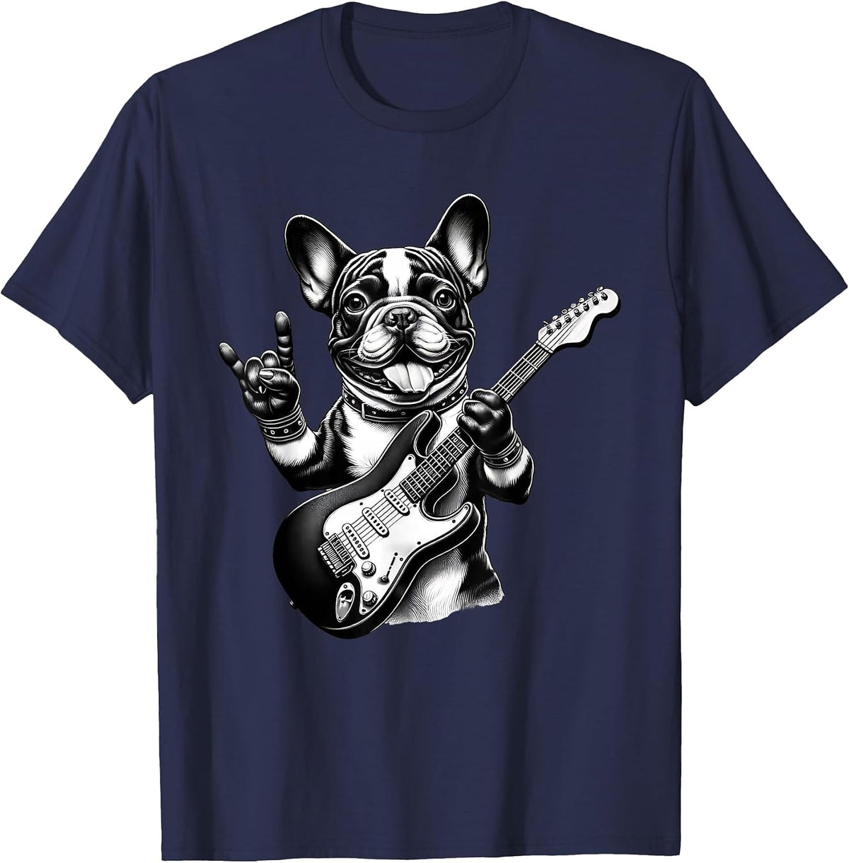 French Bulldog Playing Electric Guitar Rock Star Frenchie T-Shirt - Navy Blue