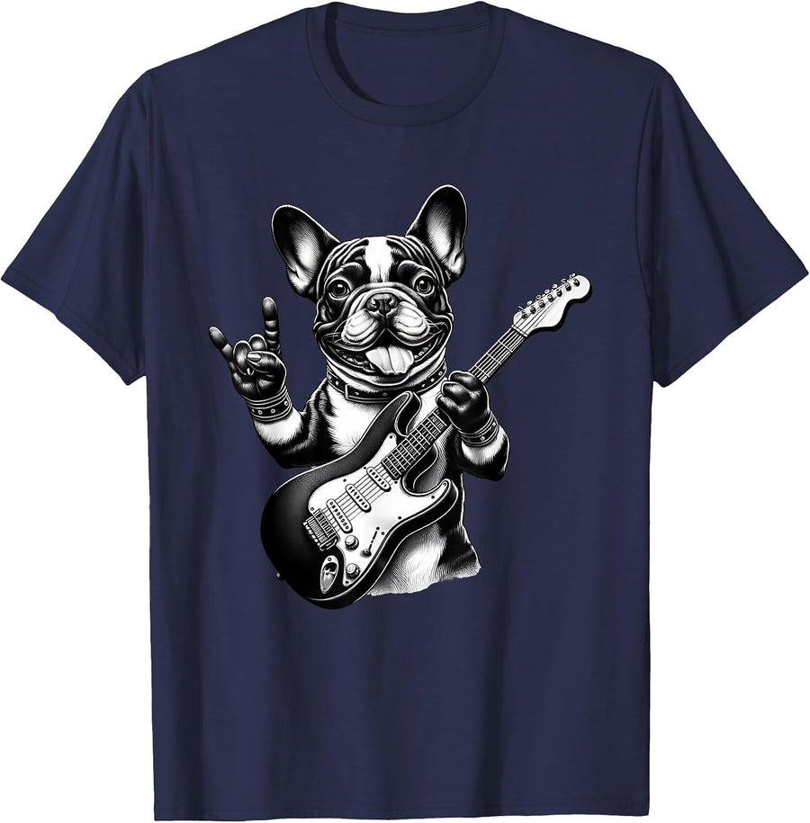 French Bulldog Playing Electric Guitar Rock Star Frenchie T-Shirt - Navy Blue