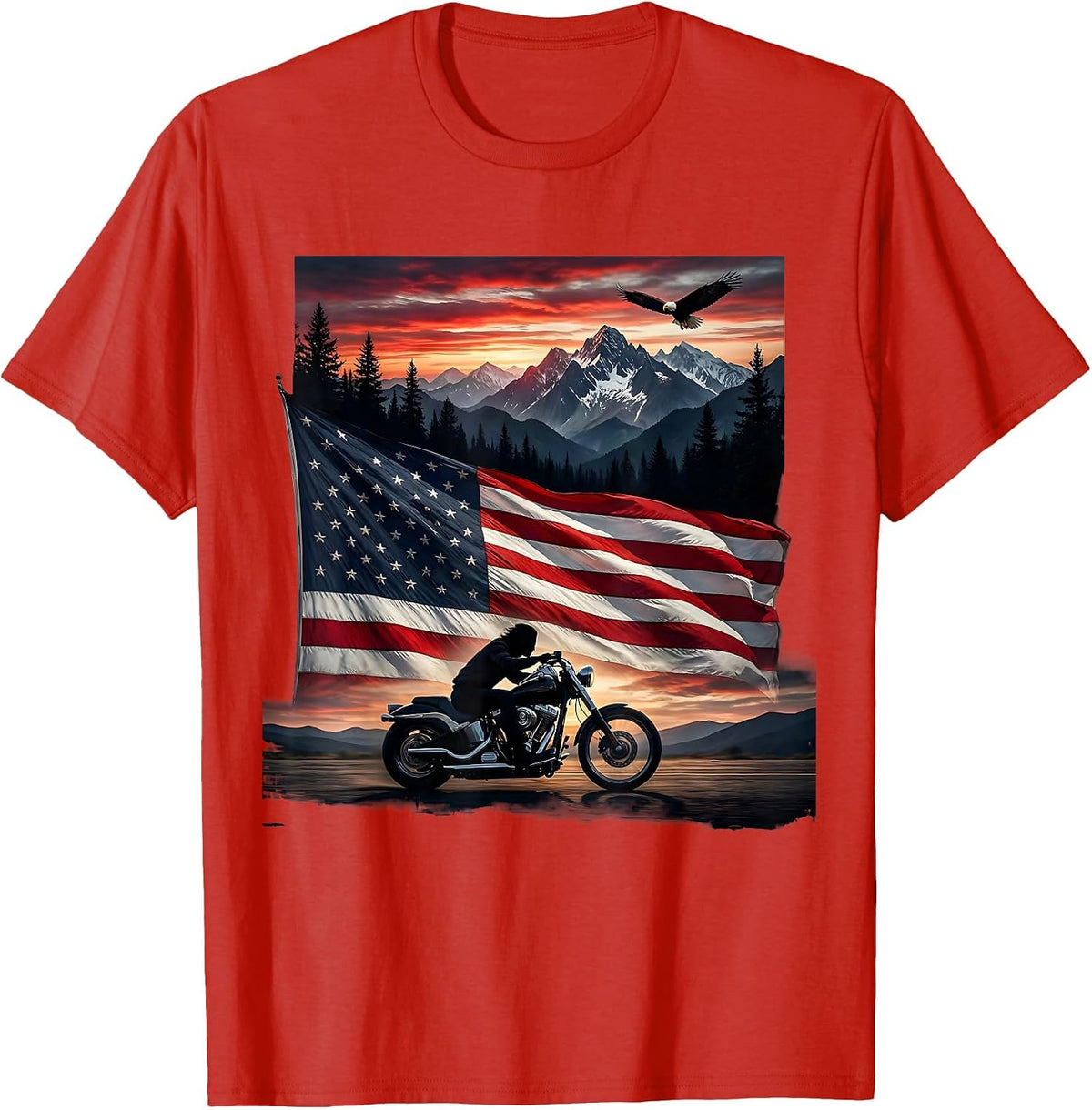 Men's American Flag Motorcycle Patriotic Graphic Tee T-Shirt - Red
