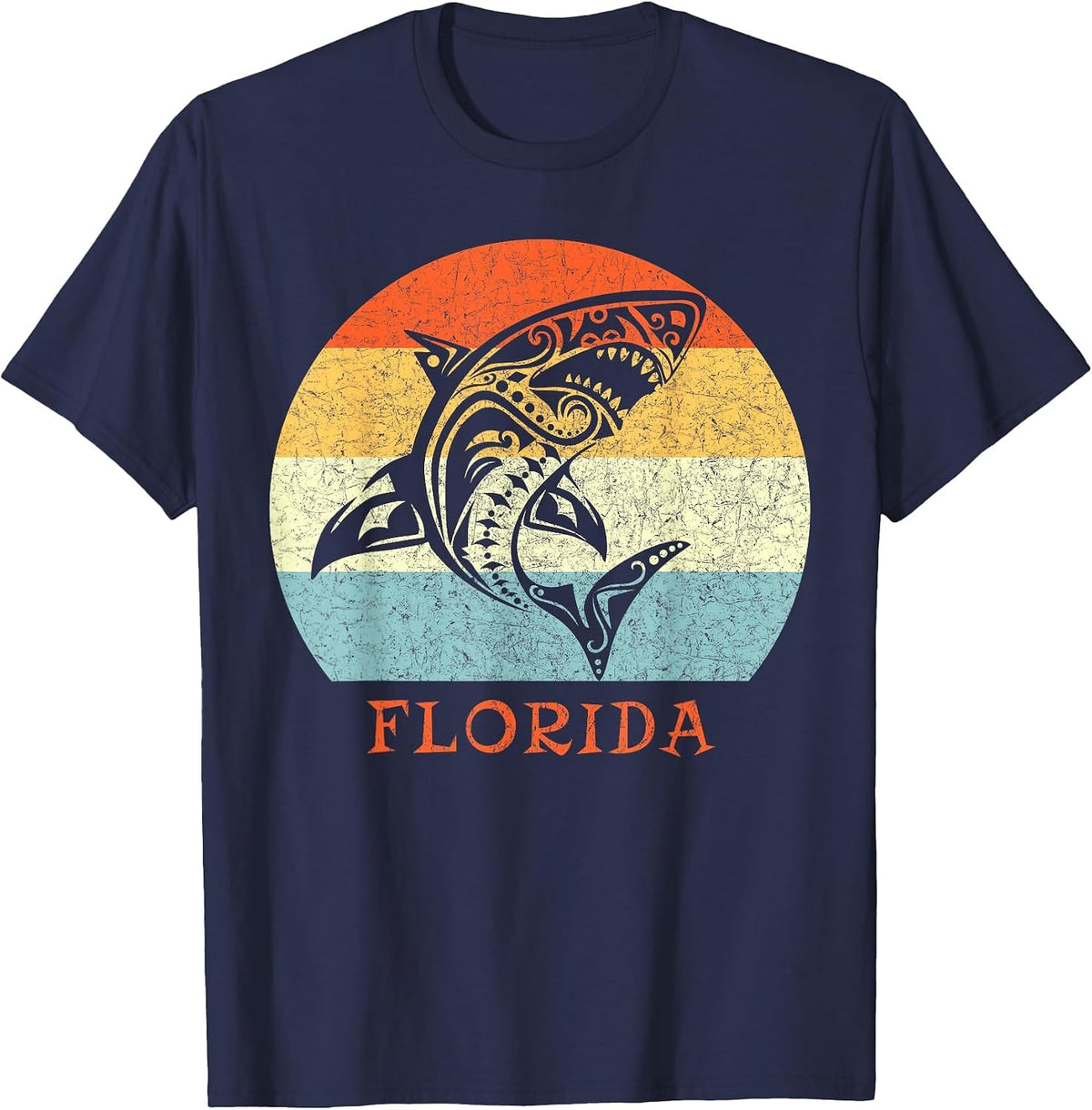 Florida Vintage Retro Shark Vacation T-Shirt - Navy Blue