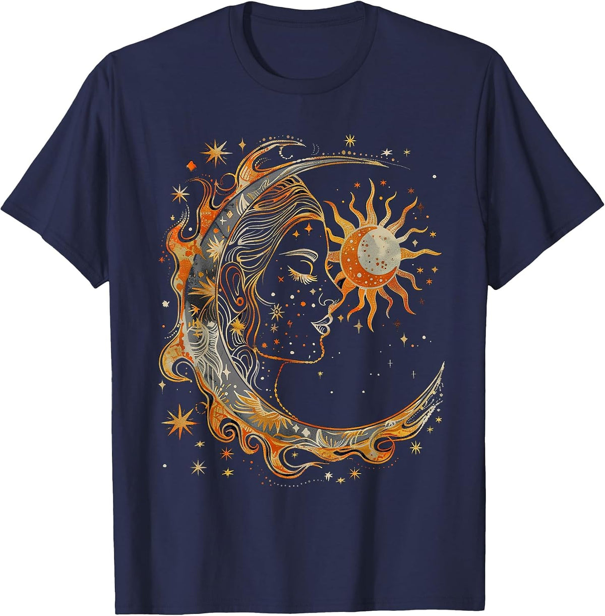 Mystical Sun and Moon with Woman Mystical Flowers Aesthetic T-Shirt - Navy Blue