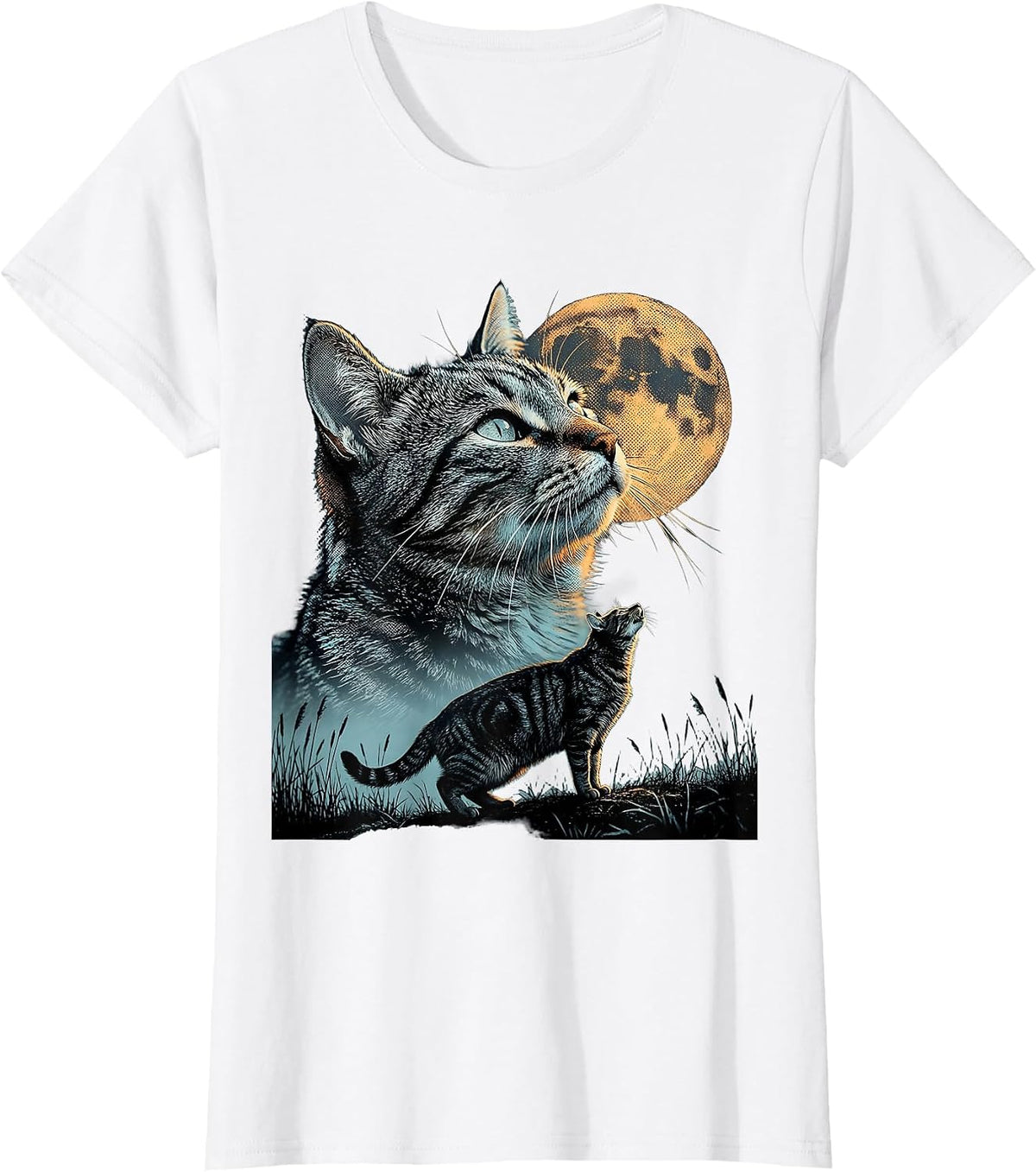 Grey Tabby Cat Howling at Moon 90's Retro T-Shirt - White
