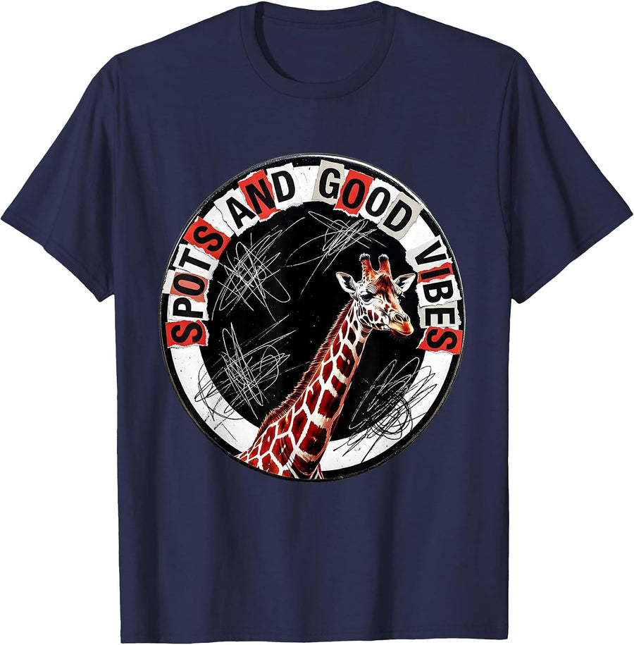 Spots and Good Vibes Giraffe Design T-Shirt - Navy Blue