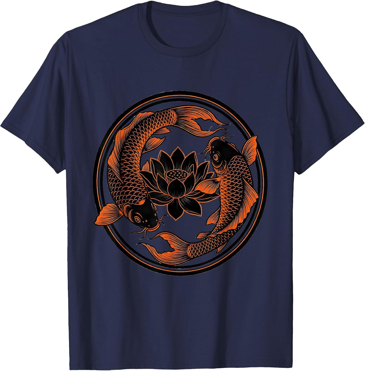 Orange Koi Fish Black Lotus Graphic Design T-Shirt - Navy Blue