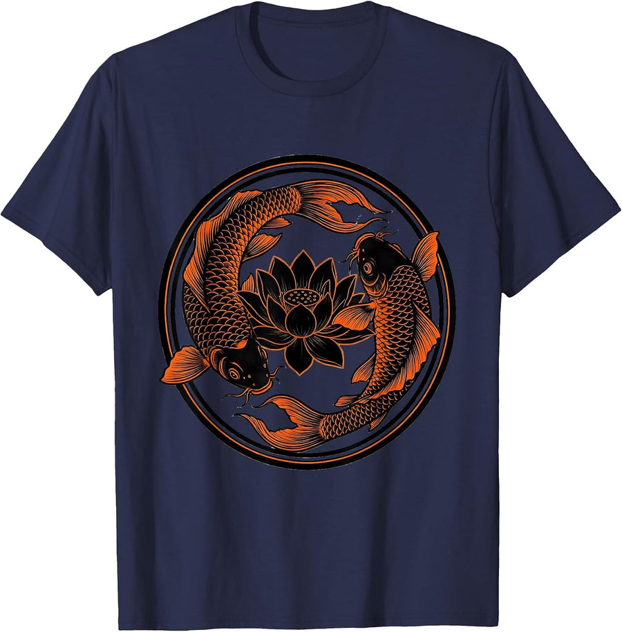 Orange Koi Fish Black Lotus Graphic Design T-Shirt - Navy Blue