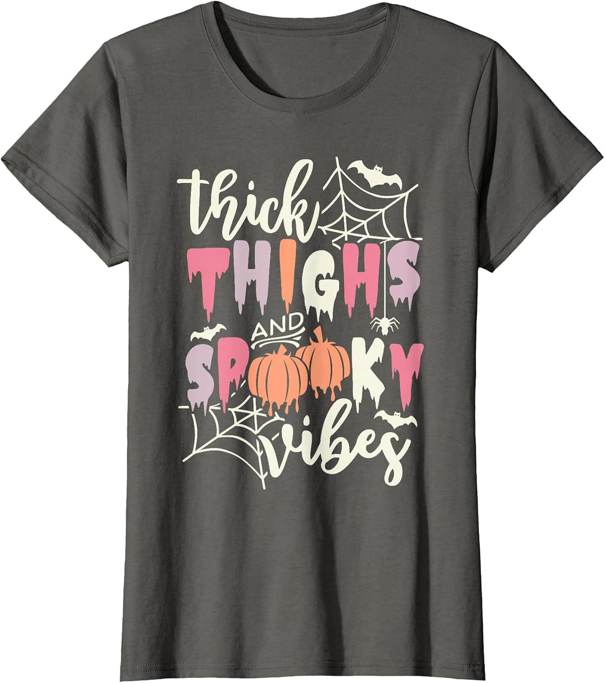 Thick Thighs and Spooky Vibes Retro Groovy Halloween Pumpkin T-Shirt - Asphalt Grey