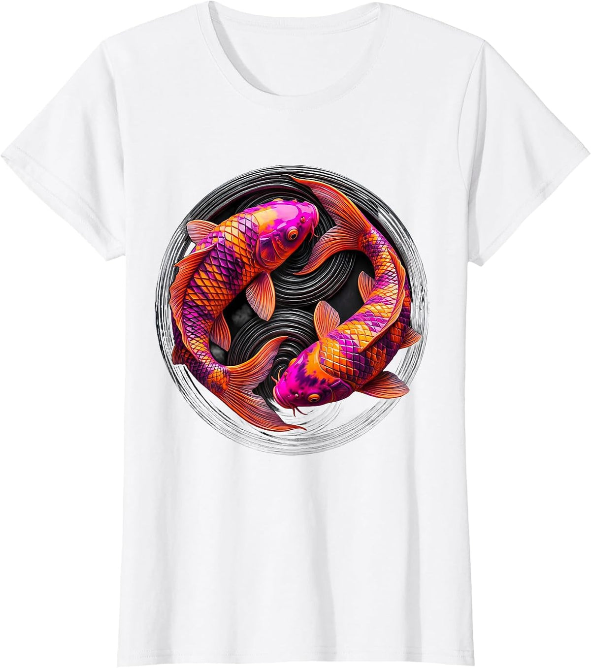 Tie Dye Koi Fish Spiral Current Illustration T-Shirt - White
