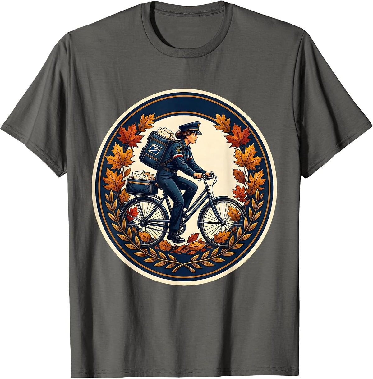 Mail Carrier Biking Through Autumn Leaves Labor Day T-Shirt - Asphalt Grey