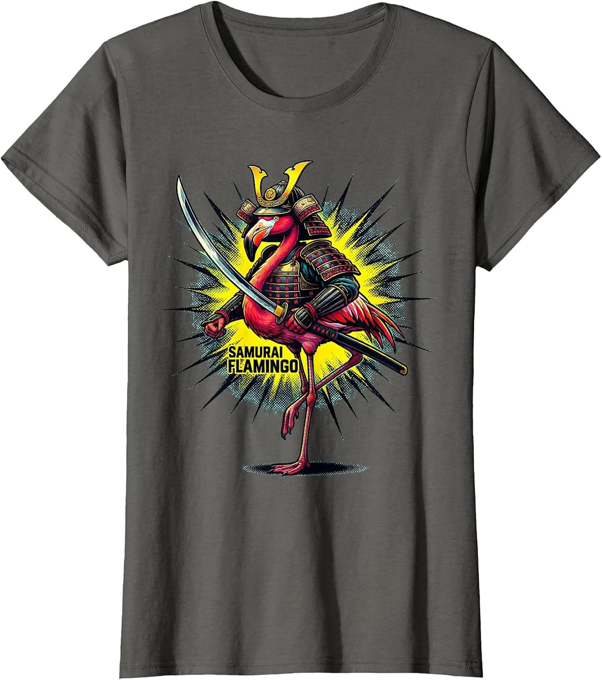 Women's Samurai Flamingo Pop Art Anime Warrior Graphic T-Shirt - Asphalt Grey