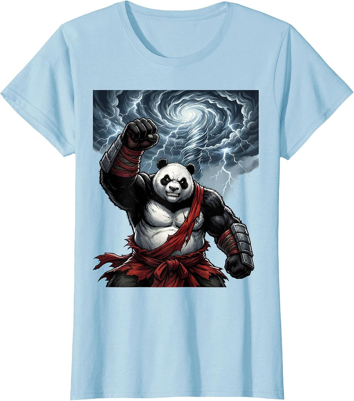 Panda Warrior Raising Fist in Storm T-Shirt - Baby Blue