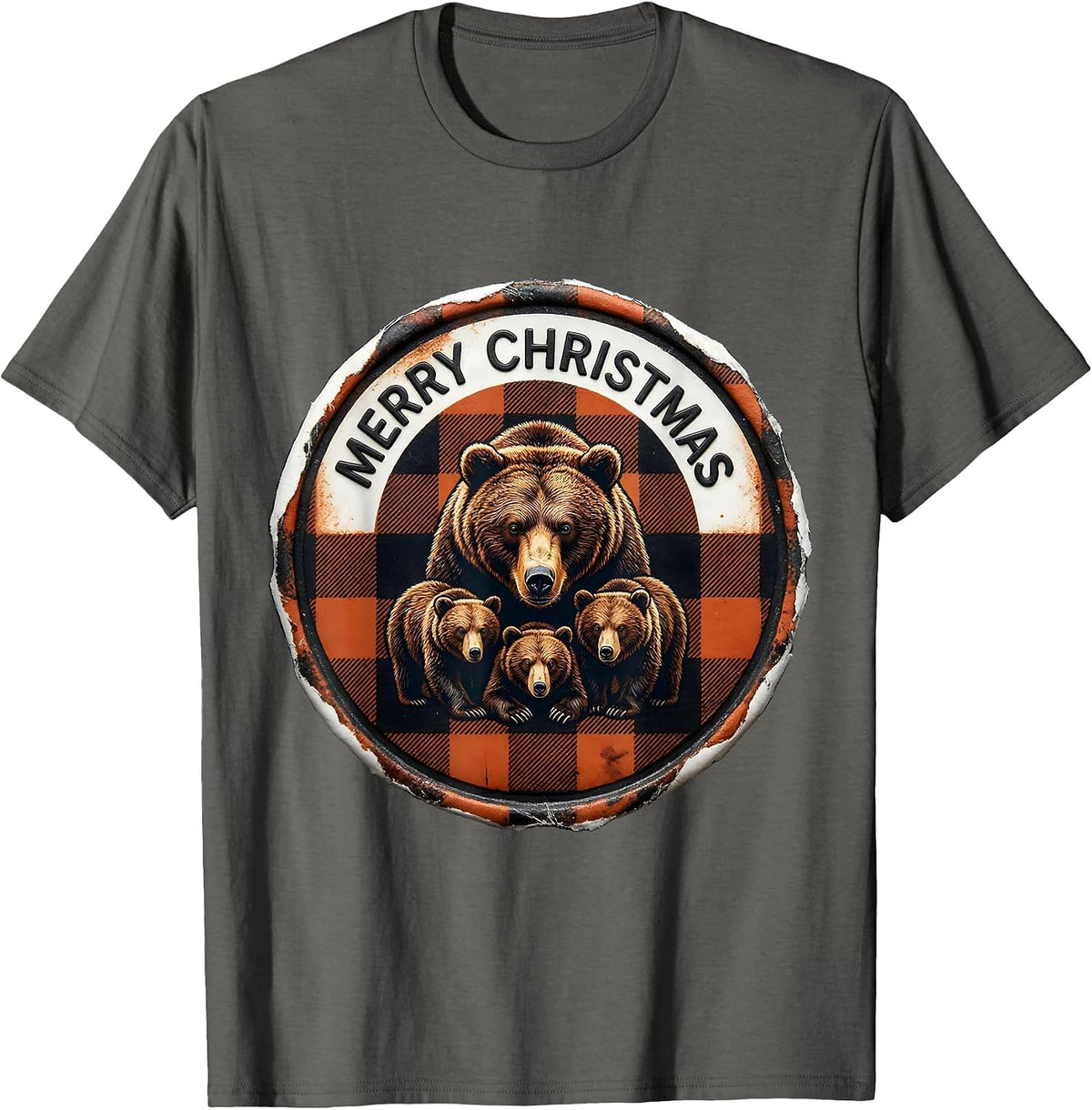 Merry Christmas Rubber Stamp Bear Family Buffalo Plaid T-Shirt - Asphalt Grey