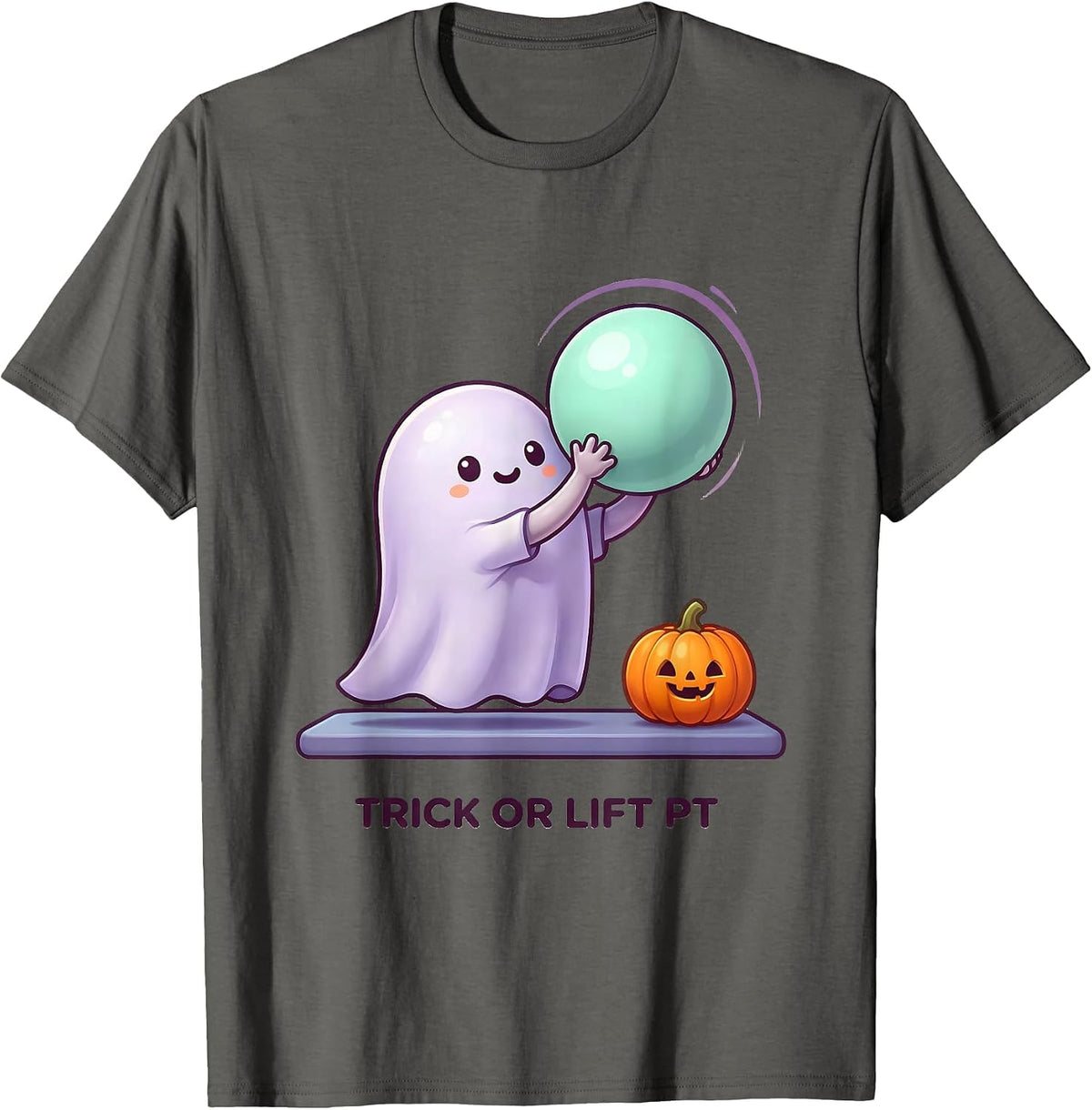 Men's Trick Or Lift PT Cute Kawaii Ghost Physical Therapist T-Shirt - Asphalt Grey