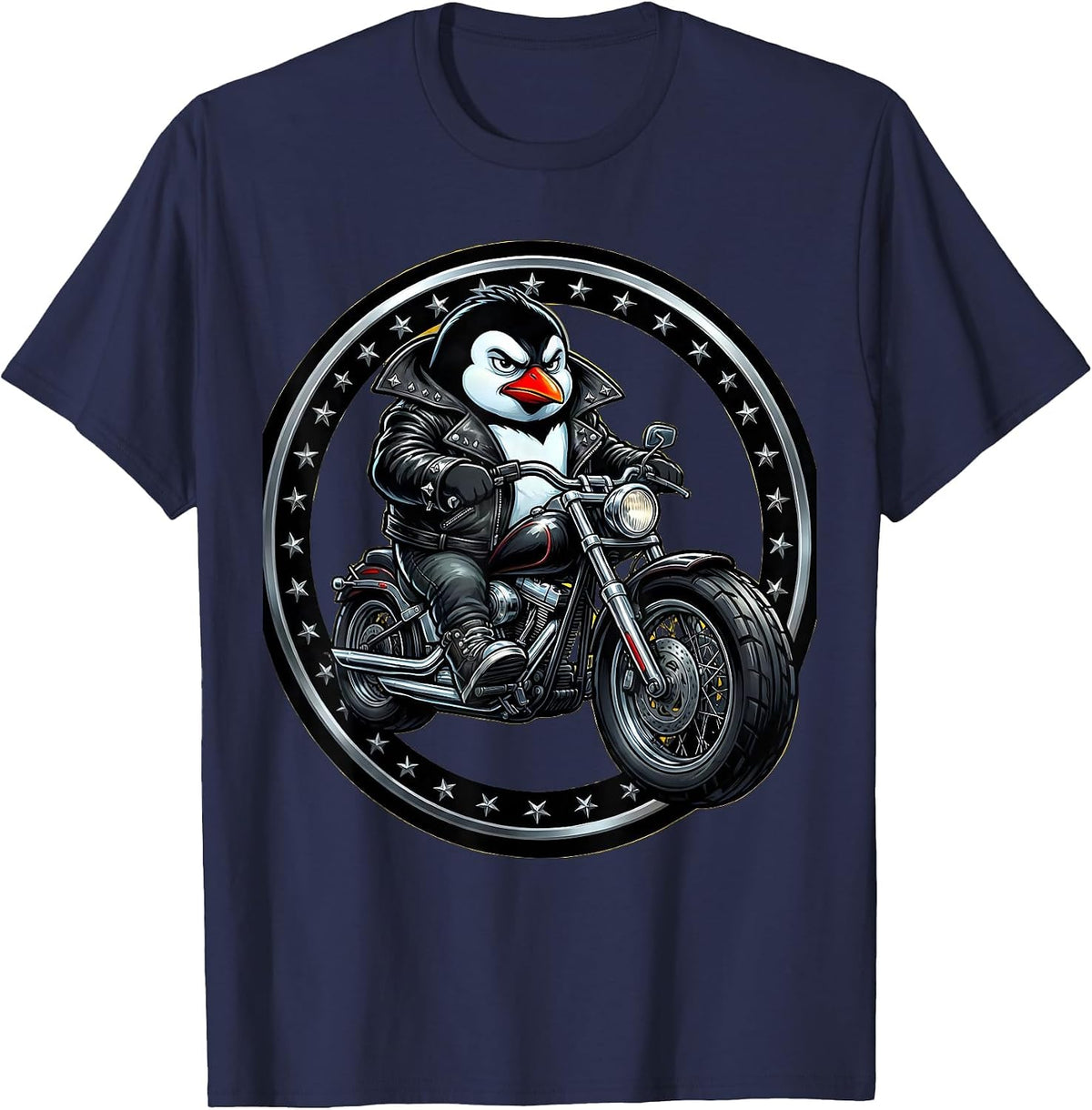 Penguin Biker Leather Jacket Motorcycle Graphic T-Shirt - Navy Blue