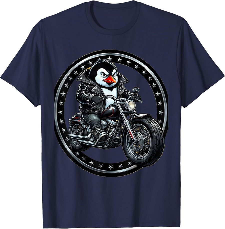 Penguin Biker Leather Jacket Motorcycle Graphic T-Shirt - Navy Blue