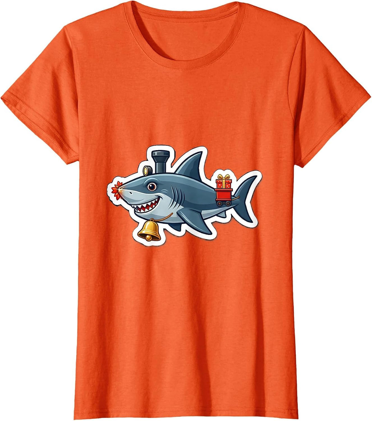 Shark Train Engine Christmas Badge Funny Shark Lover Gift T-Shirt - Orange
