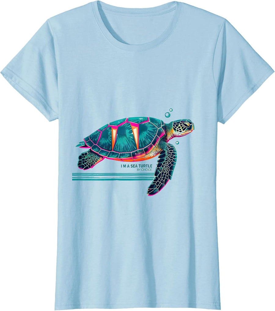 Women's I’m A Sea Turtle By Choice Risograph Sea Turtle Lover T-Shirt - Baby Blue